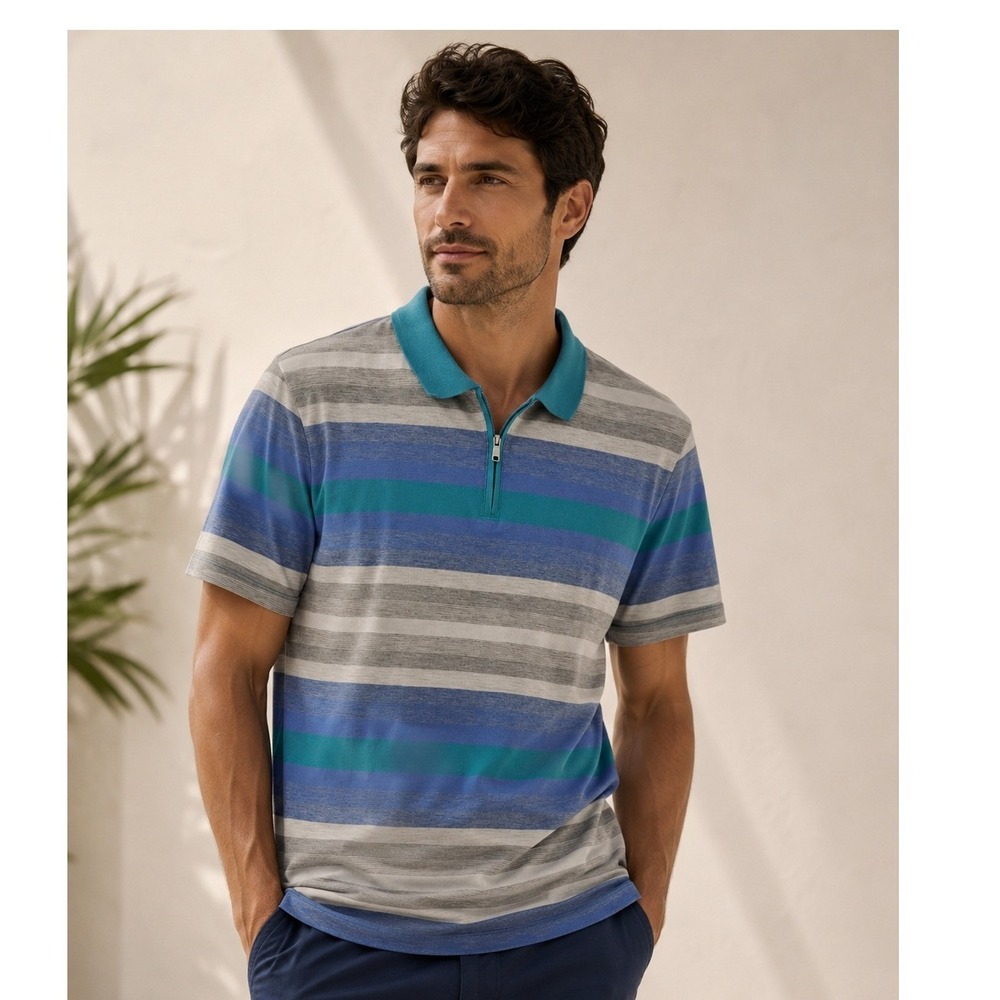 Alfani Mens Striped Quarter Zip Polo Shirt Blue Teal Grey‎ Stretch Size L